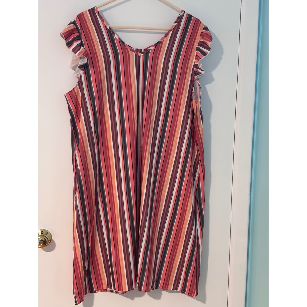 Multicolor Striped Ruffle Sleeve Tie Back V-Neck Shift Dress XXL